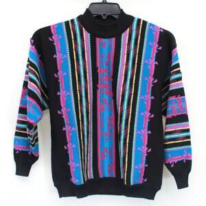 Demetre Vtg 80's Wool Sweater Pullover Abstract print Moch Neck Cozy Retro Small